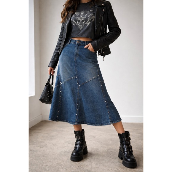 WHY NEW YORK Dresses & Skirts - Y2K Studded Denim 12 Midi Skirt A-Line Panel Detail Distressed Street Edge Rock‎